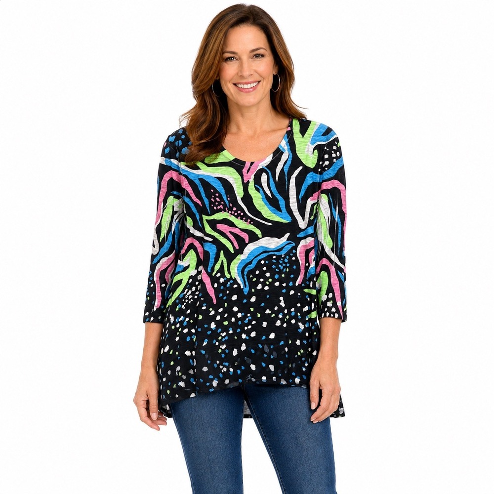 NEW Jess & Jane Small "Lush" Tunic Top Abstract Print  Long‎ Sleeve Made in USA